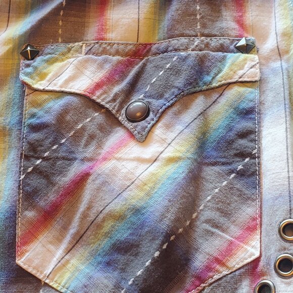 Roper Western Rainbow-Striped Long Sleeve Button-Up Shirt Size M Studded Pockets - Picture 6 of 8
